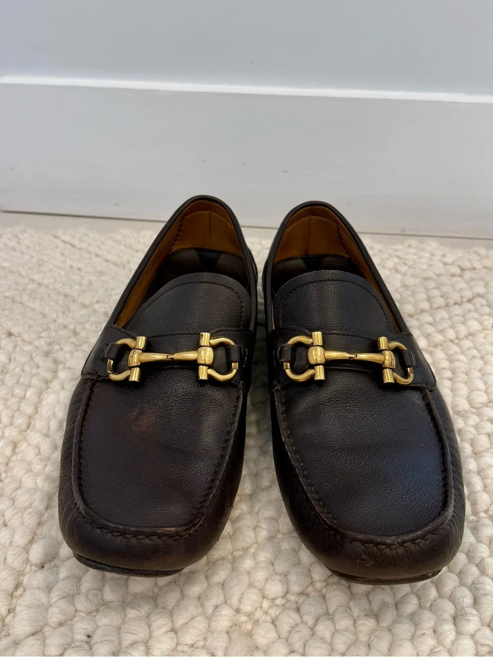 Salvatore Ferragamo Brown Leather Horsebit Loafers with Gold Hardware